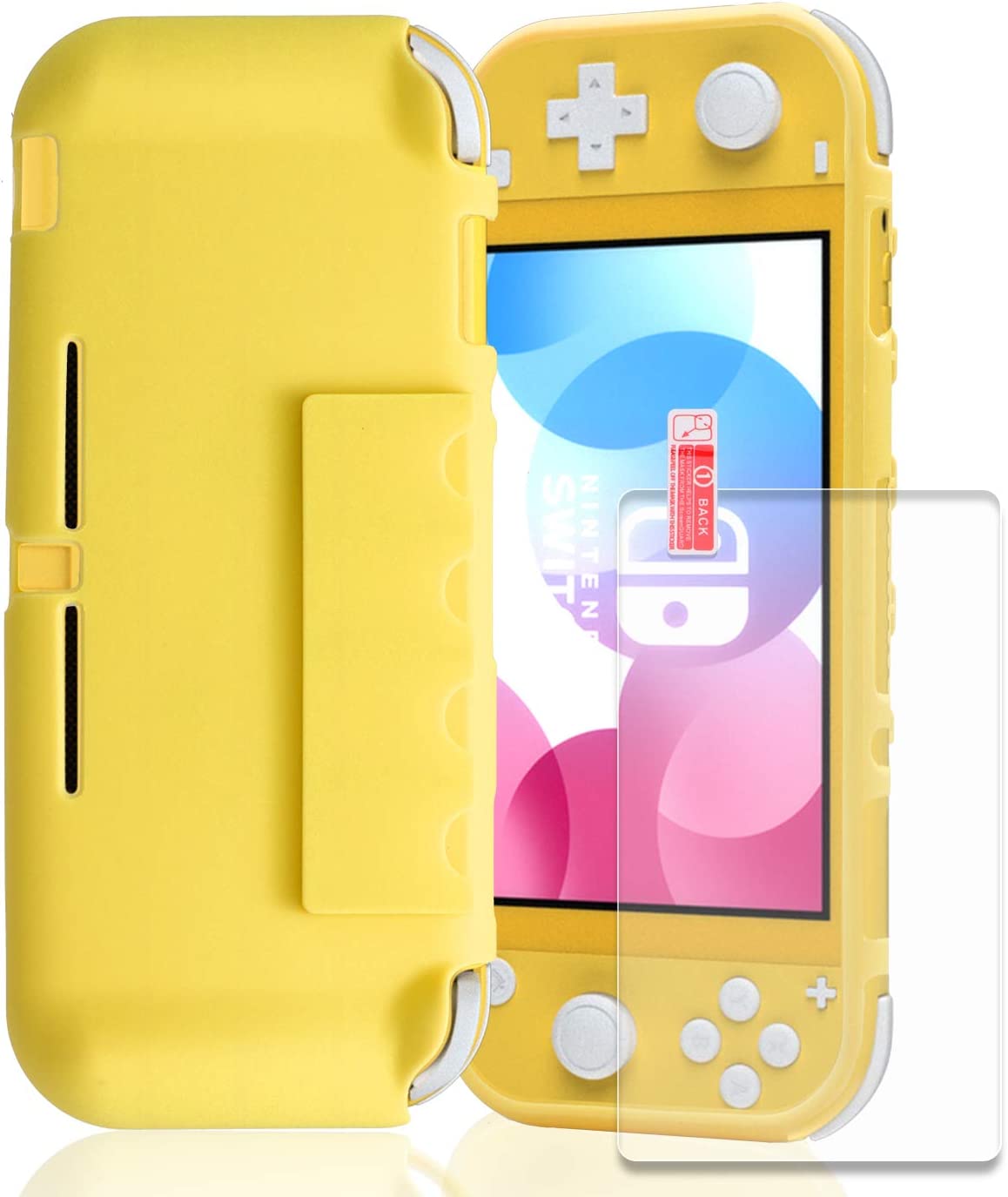 Switch Lite Yellow Case, Switch lite TPU Cover with Tempered Glass Screen Protector and 4 Game Card Slots - Yellow