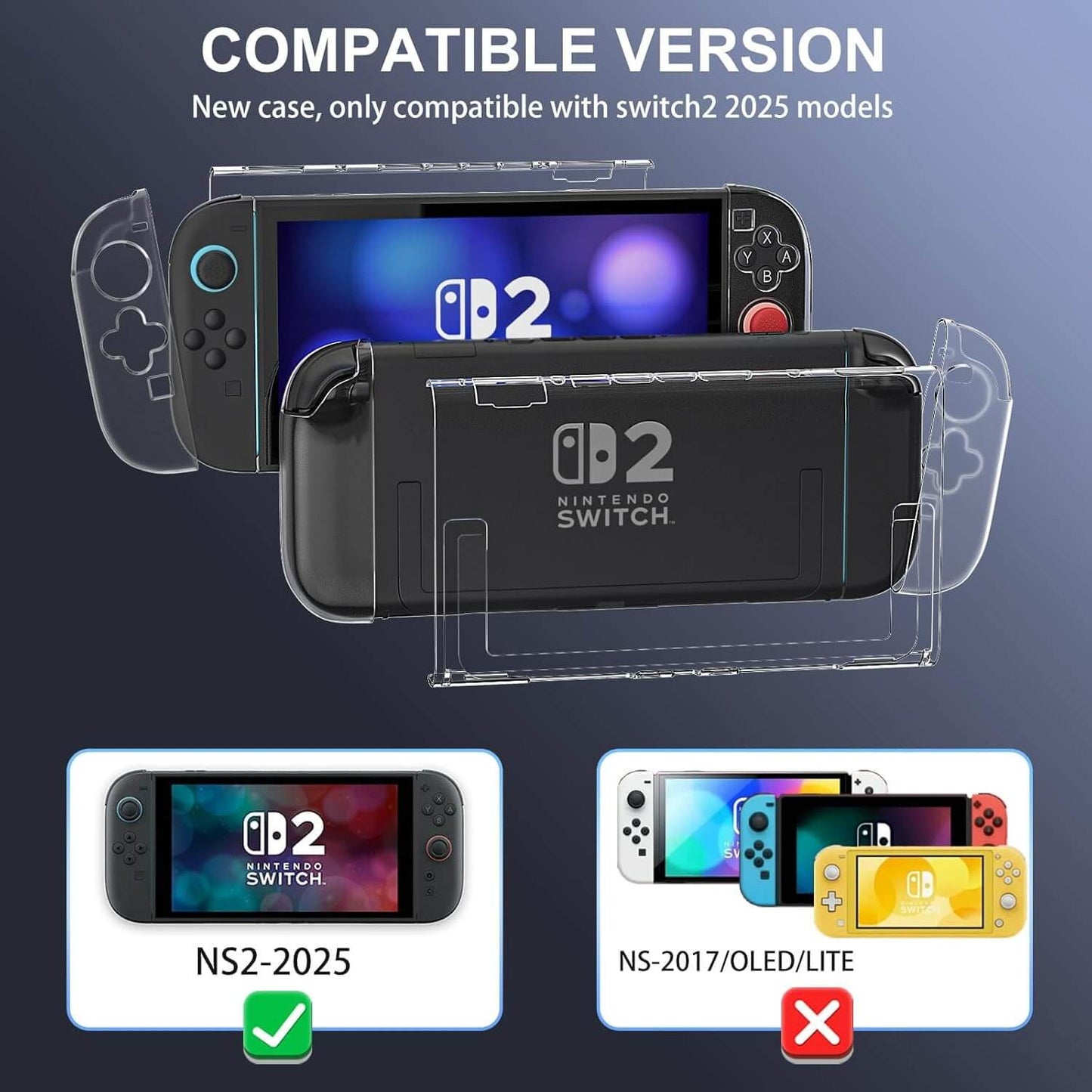 Switch 2 Protector Dockable Case - Clear Hard Shell Cover with Joy-Con Grip TPU, Tempered Glass Screen Protector & Thumb Caps - Protective Accessories Kit for Nintendo Switch Console