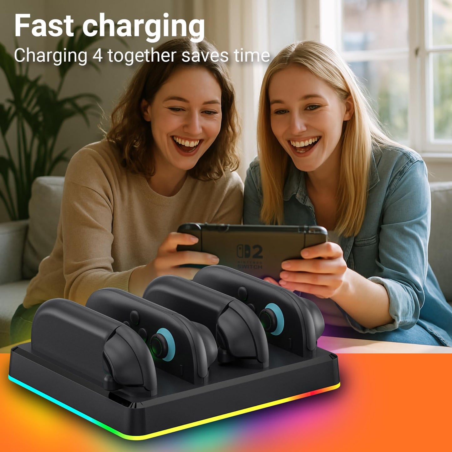 Switch 2 Controller Charger Dock with RGB Lighting, LED Indicator, Wall Mount & Type-C Port – Fast Charging Station for 4 Joy-Cons – Compact & Neat Design – Must-Have Switch 2 Accessories