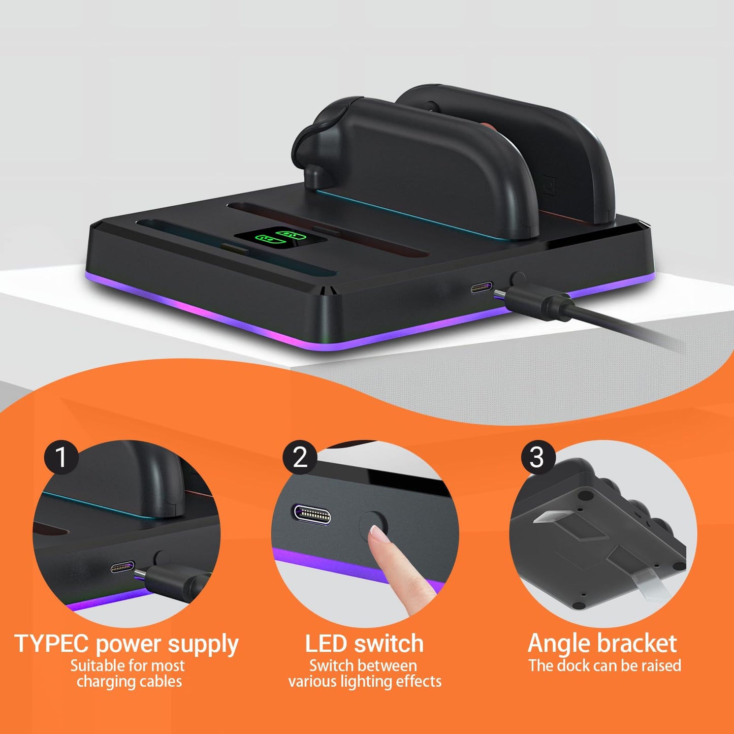 Switch 2 Controller Charger Dock with RGB Lighting, LED Indicator, Wall Mount & Type-C Port – Fast Charging Station for 4 Joy-Cons – Compact & Neat Design – Must-Have Switch 2 Accessories