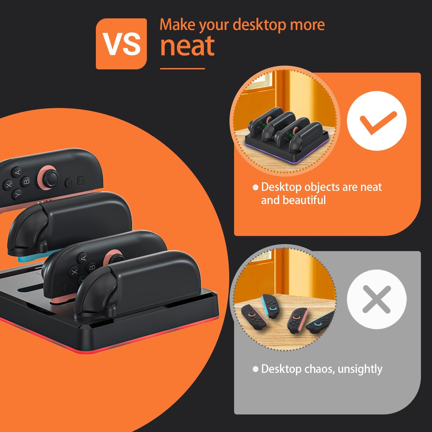 Switch 2 Controller Charger Dock with RGB Lighting, LED Indicator, Wall Mount & Type-C Port – Fast Charging Station for 4 Joy-Cons – Compact & Neat Design – Must-Have Switch 2 Accessories