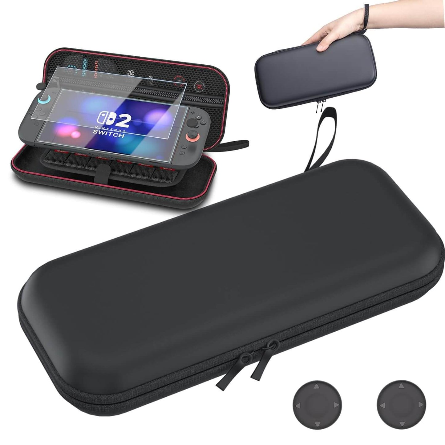 HEATFUN Switch 2 Carrying Case Upgraded Zipper, Minimalist Black Design, No Logo, Hard Shell Switch 2 Travel Case Holds Console and 12 Game Cards, Includes Screen Protector and Thumb Grips
