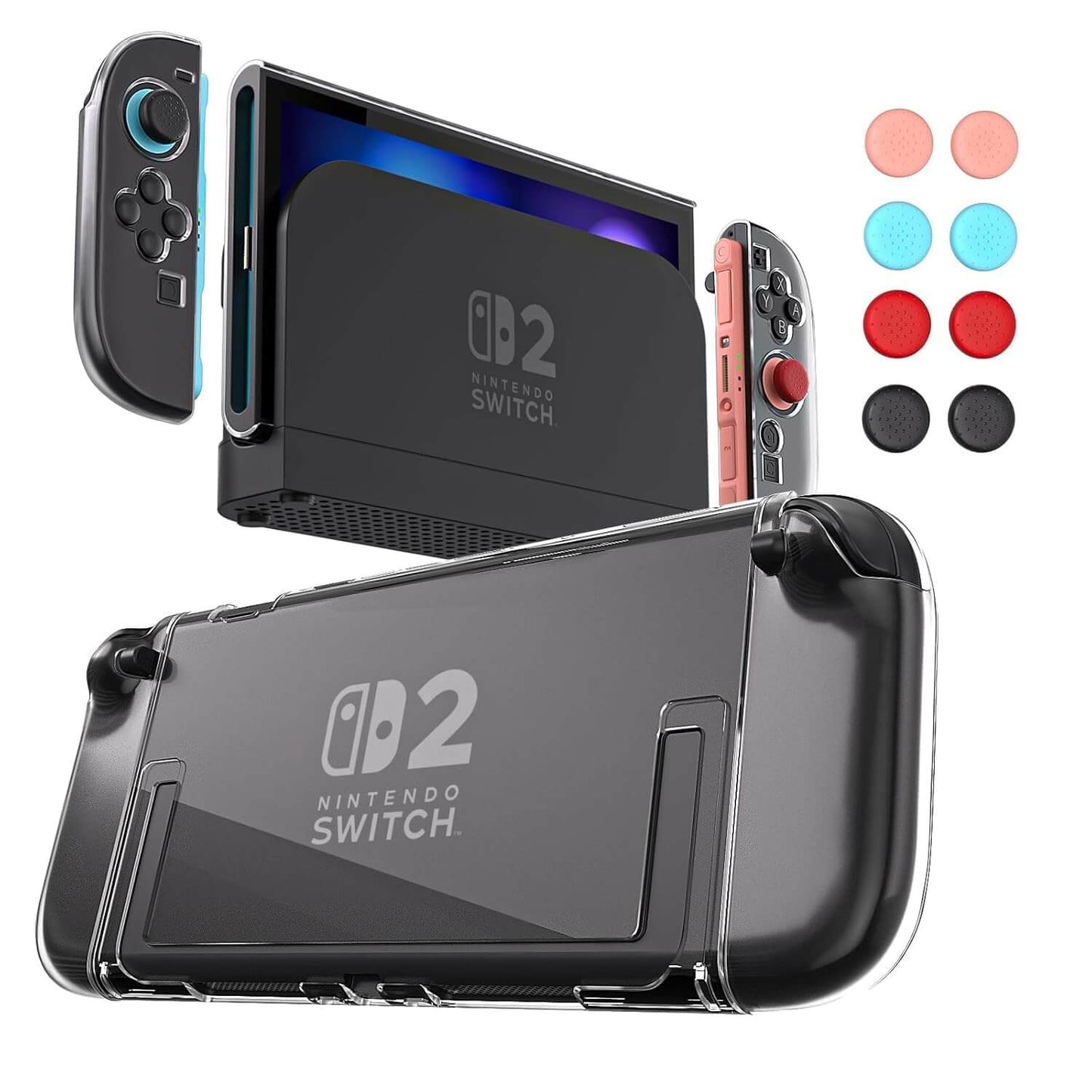 Switch 2 Protector Dockable Case - Clear Hard Shell Cover with Joy-Con Grip TPU, Tempered Glass Screen Protector & Thumb Caps - Protective Accessories Kit for Nintendo Switch Console