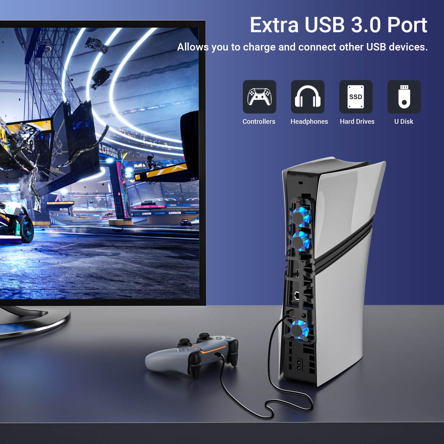 PS5 Pro Fan with USB Port & Blue LED Lights, Triple High-Speed Fans for Efficient Cooling, Quiet Operation, Adjustable Speed, Premium PS5 Pro Cooling Fan & Must-Have PS5 Pro Accessories for Ultimate Gaming Performance