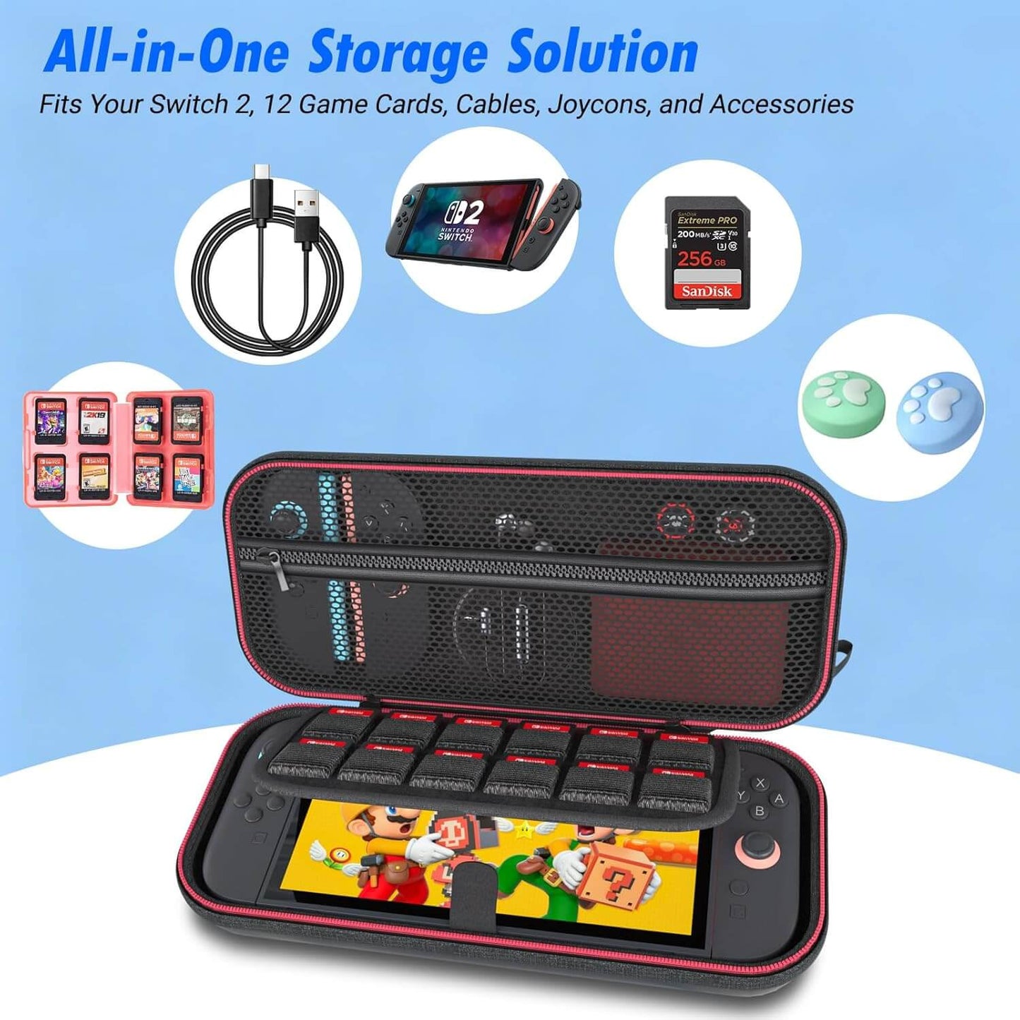 HEATFUN Switch 2 Carrying Case Upgraded Zipper, Minimalist Black Design, No Logo, Hard Shell Switch 2 Travel Case Holds Console and 12 Game Cards, Includes Screen Protector and Thumb Grips