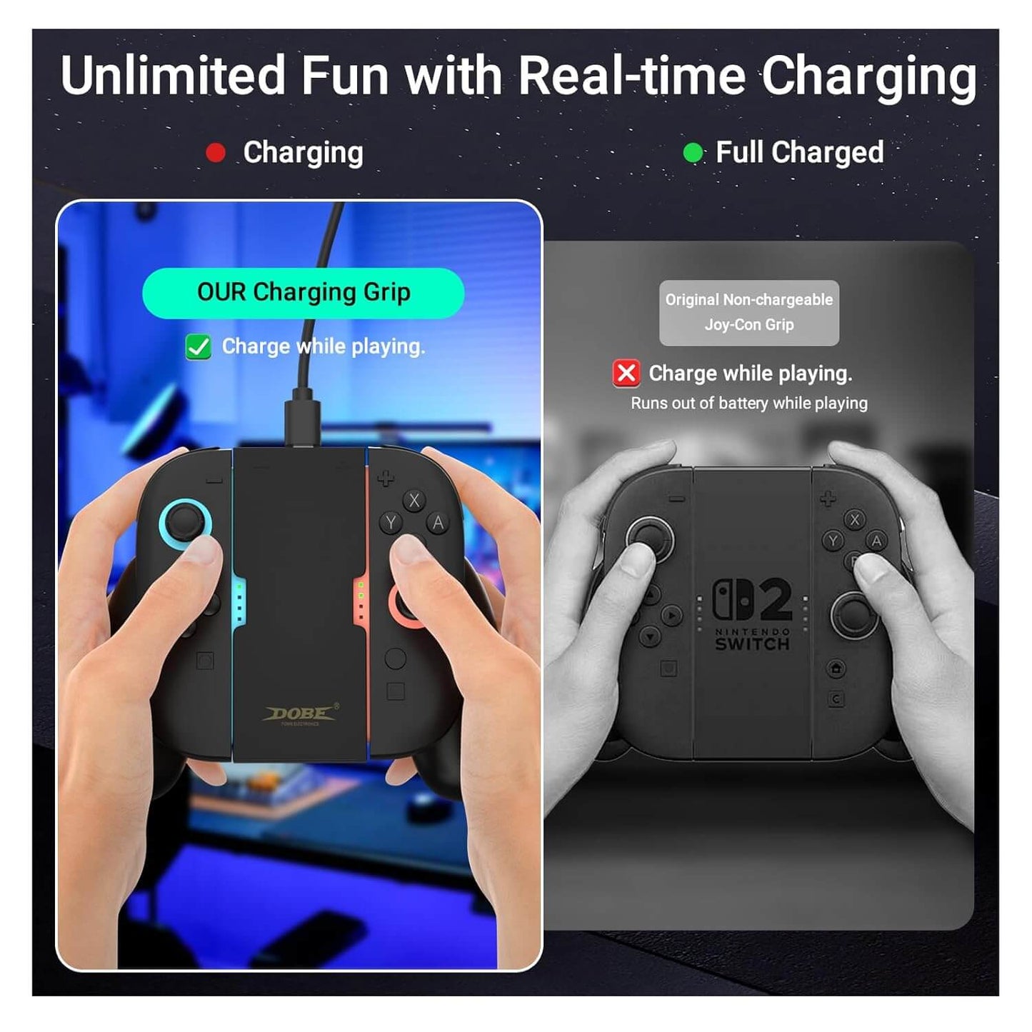 HEATFUN Magnetic Nintendo Switch 2 Charging Grip – Dual LED Joycon 2 Charging Grip for Seamless Play & Charge, Includes USB-C Cable – Compatible with Switch 2 Joycon Accessories Only