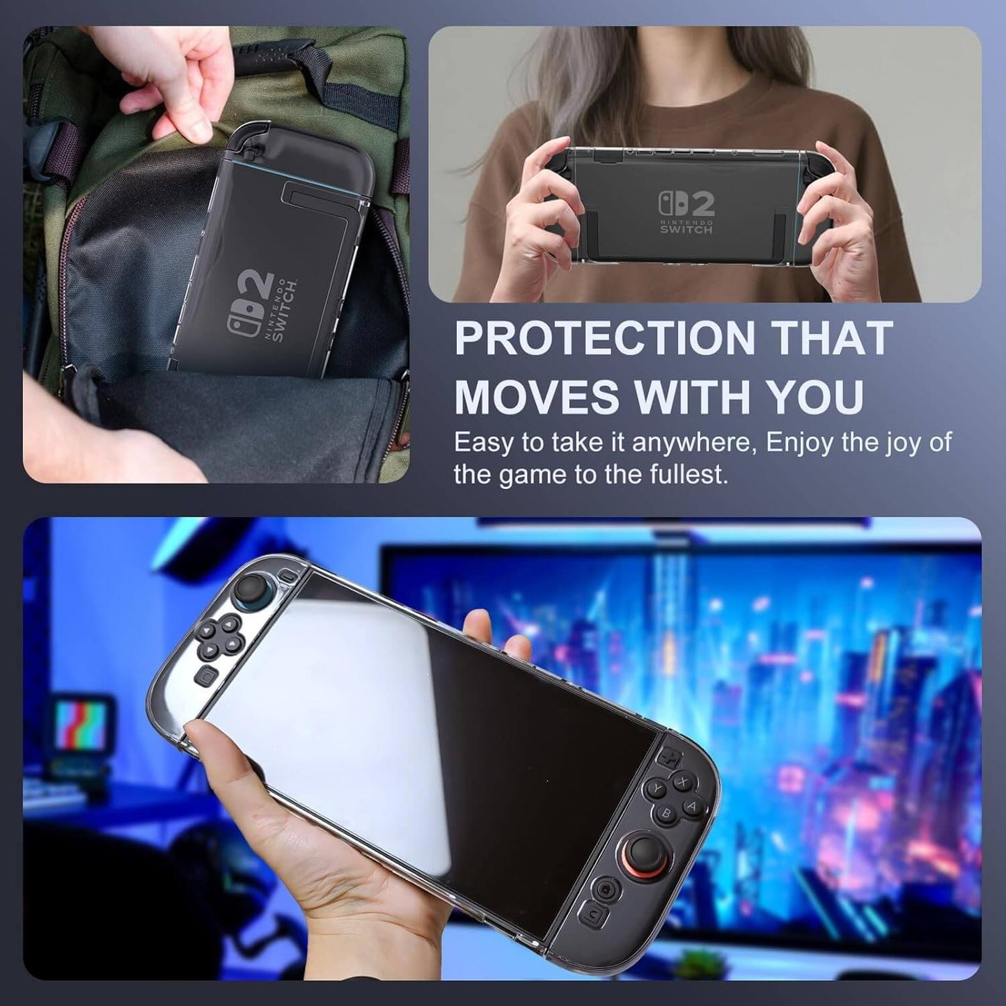 Switch 2 Protector Dockable Case - Clear Hard Shell Cover with Joy-Con Grip TPU, Tempered Glass Screen Protector & Thumb Caps - Protective Accessories Kit for Nintendo Switch Console