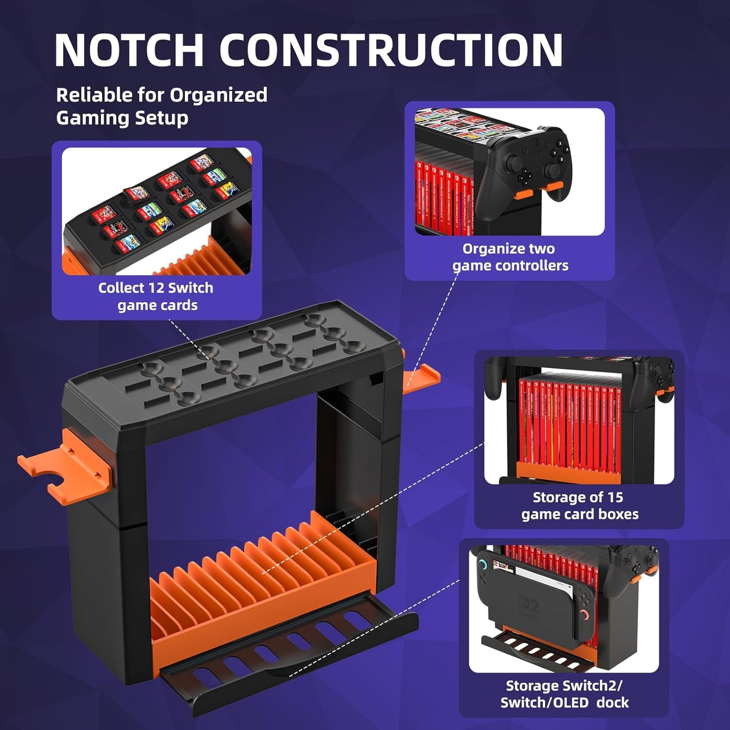 OLYGIVE Game Storage Tower Compatible With Nintendo Switch 2, Switch 2 Stand Holder, Game Disk Rack, Controller Organizer, Switch Holder Stand for Gamers (Black)