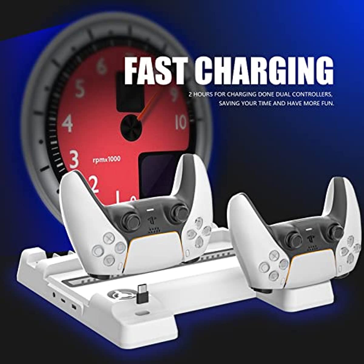 PS5 Charger Station, Fast Charging PS5 Stand with Cooling Fans, 3 Levels Adjustable Fans Speed, 12 PS5 Game Rack Organizer