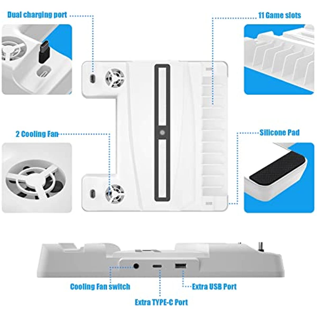 PS5 Charger Station, Fast Charging PS5 Stand with Cooling Fans, 3 Levels Adjustable Fans Speed, 12 PS5 Game Rack Organizer