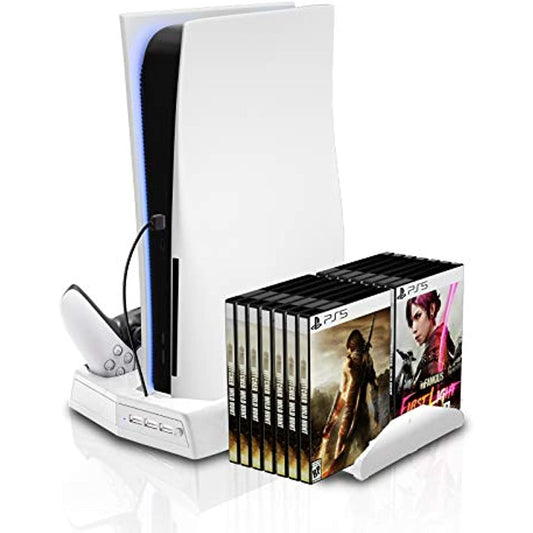 Playstation 5 Charger, PS5 Stand with Cooling Fan and Controller Charger, Vertical Stand for PS5 Disc & Digital Editions, PS5 Stand with USB Ports and Game Rack - White