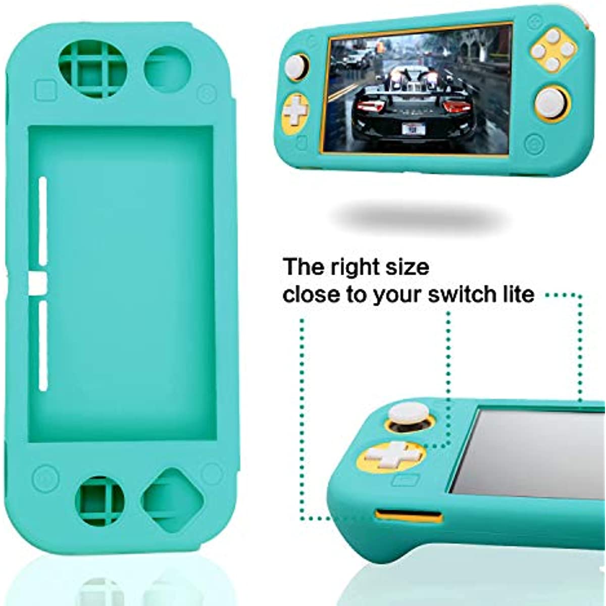 Silicone Grip Case for Nintendo Switch Lite, Soft Rubber Case for Switch Lite with Tempered Glass Screen Protector and 6 Thumb Grips - Turquoise