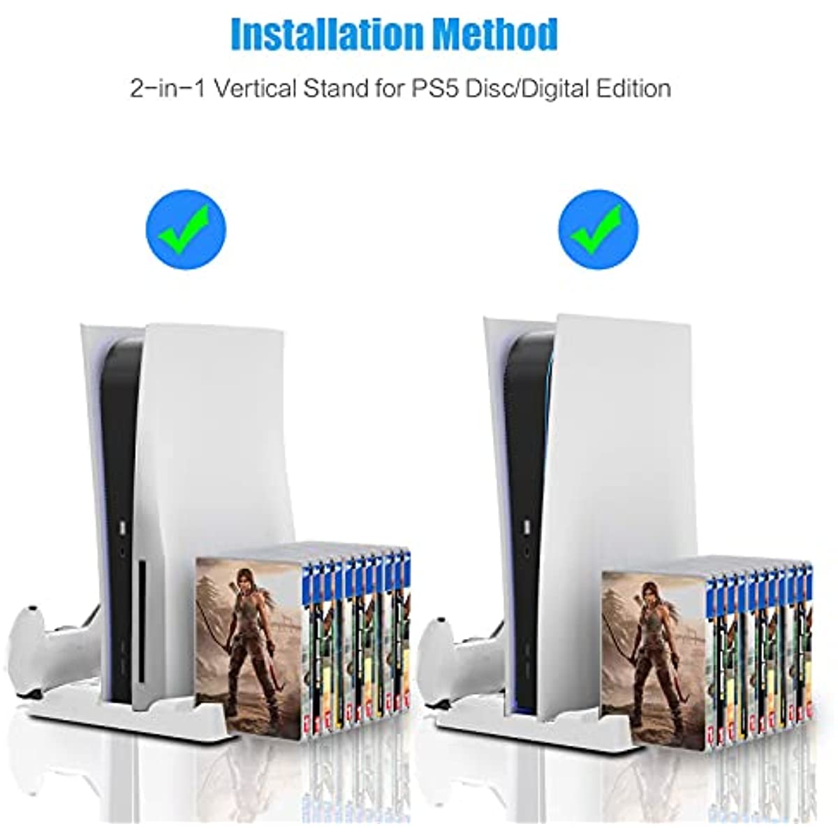 PS5 Charger Station, Fast Charging PS5 Stand with Cooling Fans, 3 Levels Adjustable Fans Speed, 12 PS5 Game Rack Organizer