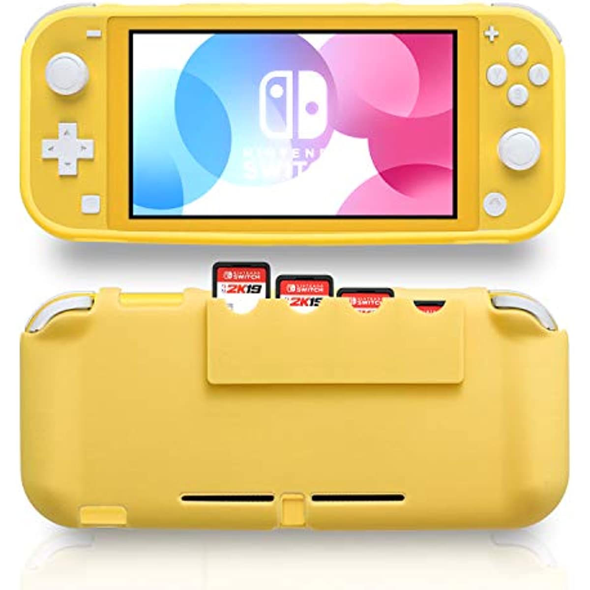 Switch Lite Yellow Case, Switch lite TPU Cover with Tempered Glass Screen Protector and 4 Game Card Slots - Yellow