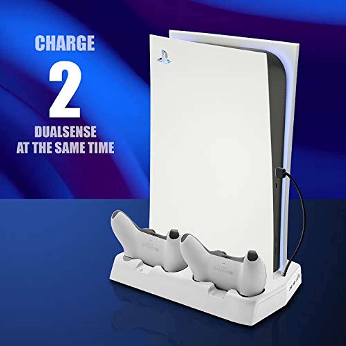 Playstation 5 Charger, PS5 Stand with Cooling Fan and Controller Charger, Vertical Stand for PS5 Disc & Digital Editions, PS5 Stand with USB Ports and Game Rack - White