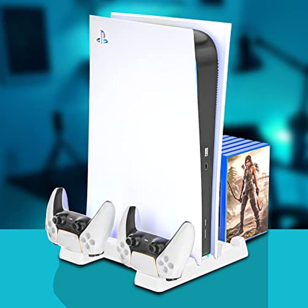 PS5 Charger Station, Fast Charging PS5 Stand with Cooling Fans, 3 Levels Adjustable Fans Speed, 12 PS5 Game Rack Organizer
