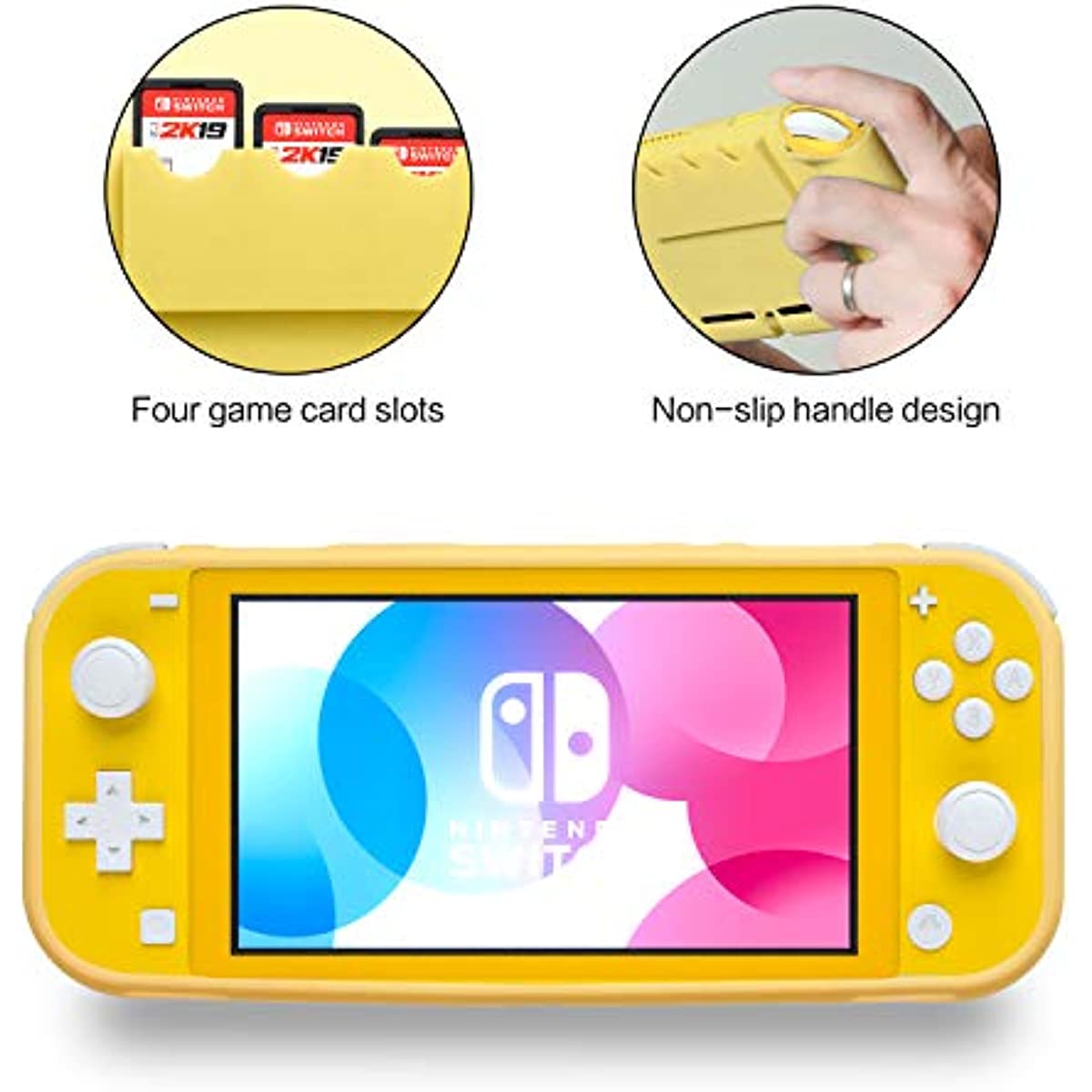 Switch Lite Yellow Case, Switch lite TPU Cover with Tempered Glass Screen Protector and 4 Game Card Slots - Yellow