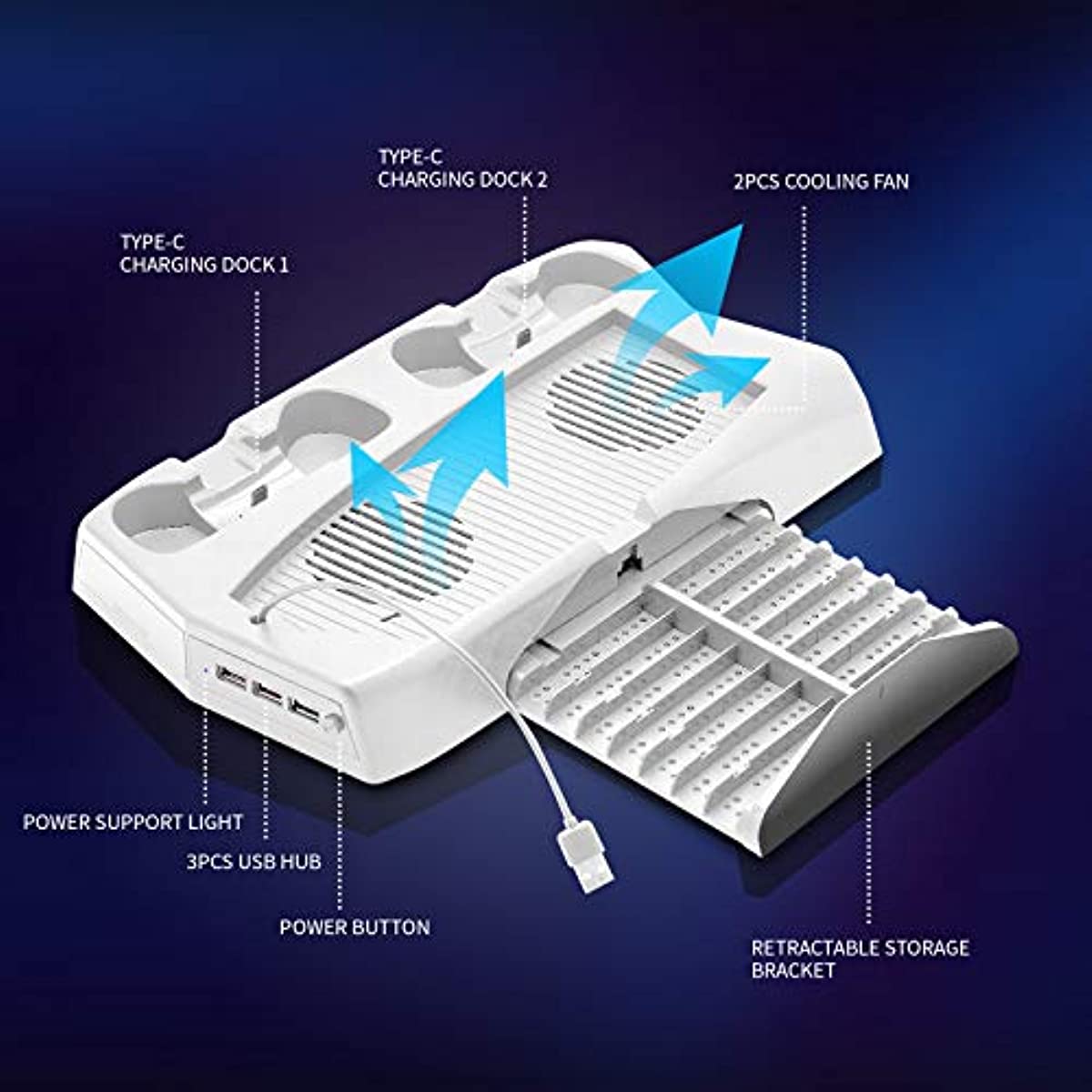 Playstation 5 Charger, PS5 Stand with Cooling Fan and Controller Charger, Vertical Stand for PS5 Disc & Digital Editions, PS5 Stand with USB Ports and Game Rack - White