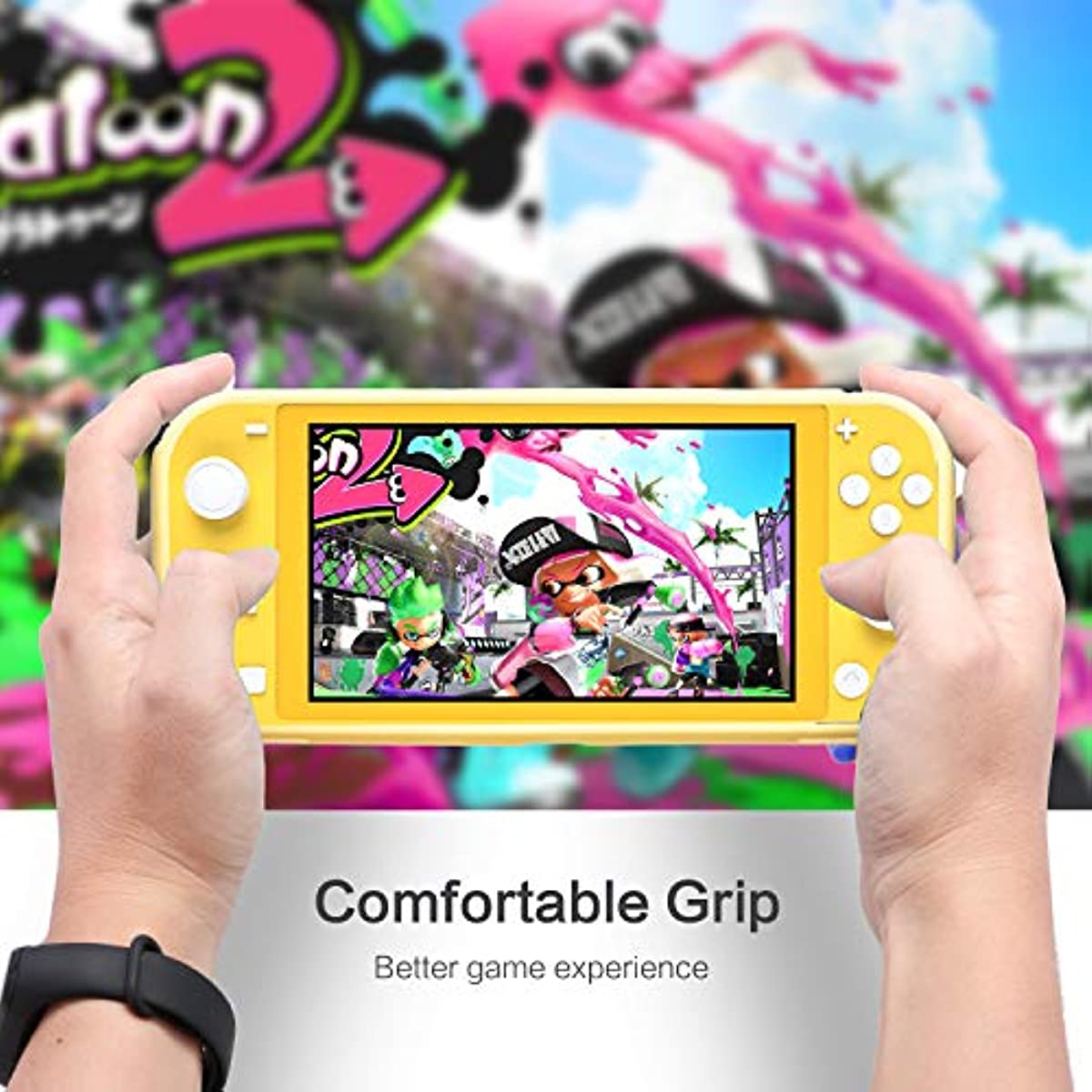 Switch Lite Yellow Case, Switch lite TPU Cover with Tempered Glass Screen Protector and 4 Game Card Slots - Yellow