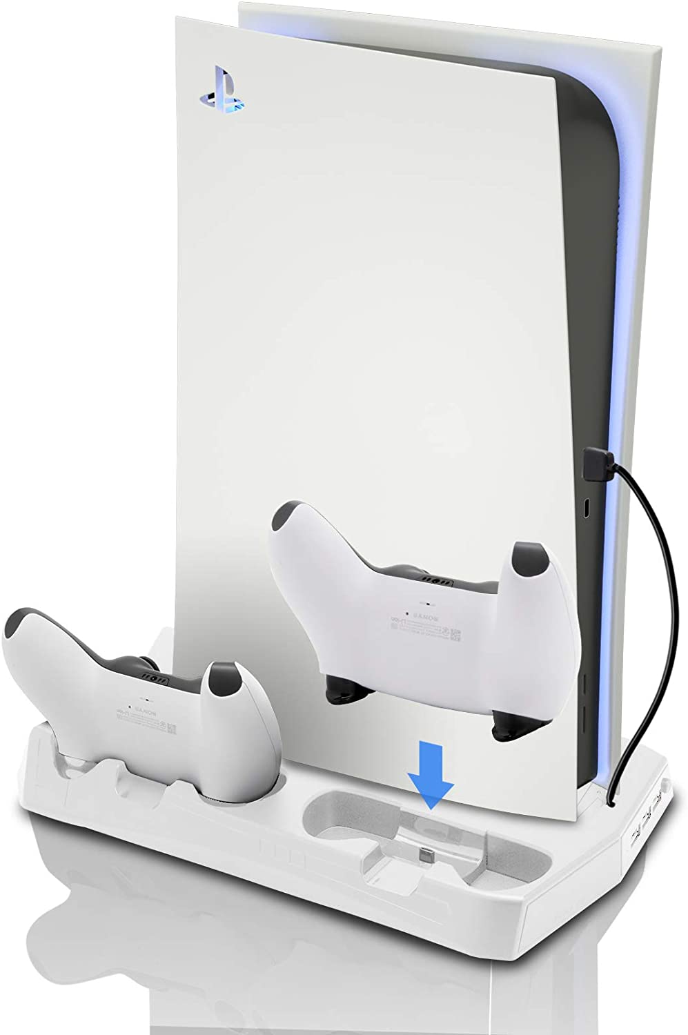 Playstation 5 Charger, PS5 Stand with Cooling Fan and Controller Charger, Vertical Stand for PS5 Disc & Digital Editions, PS5 Stand with USB Ports and Game Rack - White