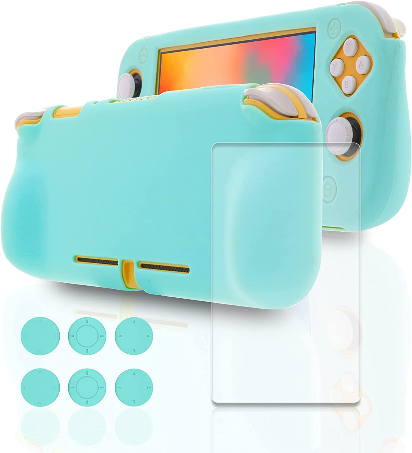 Silicone Grip Case for Nintendo Switch Lite, Soft Rubber Case for Switch Lite with Tempered Glass Screen Protector and 6 Thumb Grips - Turquoise