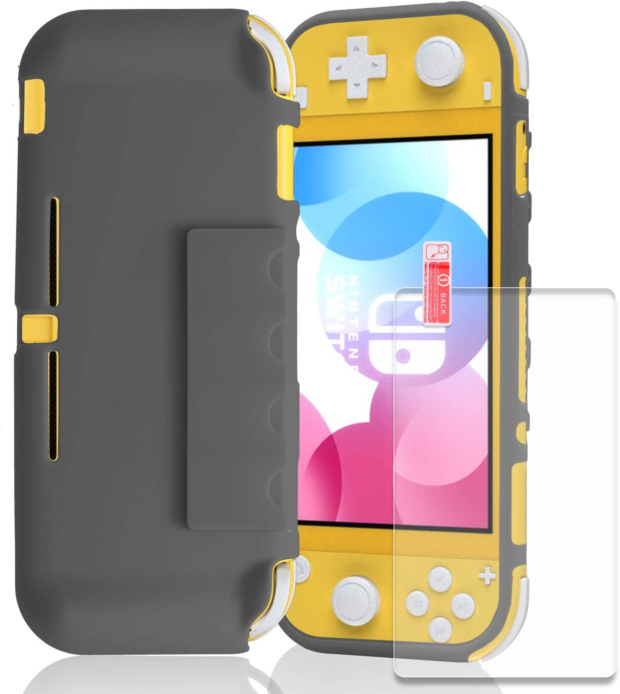 Switch Lite Yellow Case, Switch lite TPU Cover with Tempered Glass Screen Protector and 4 Game Card Slots - Yellow