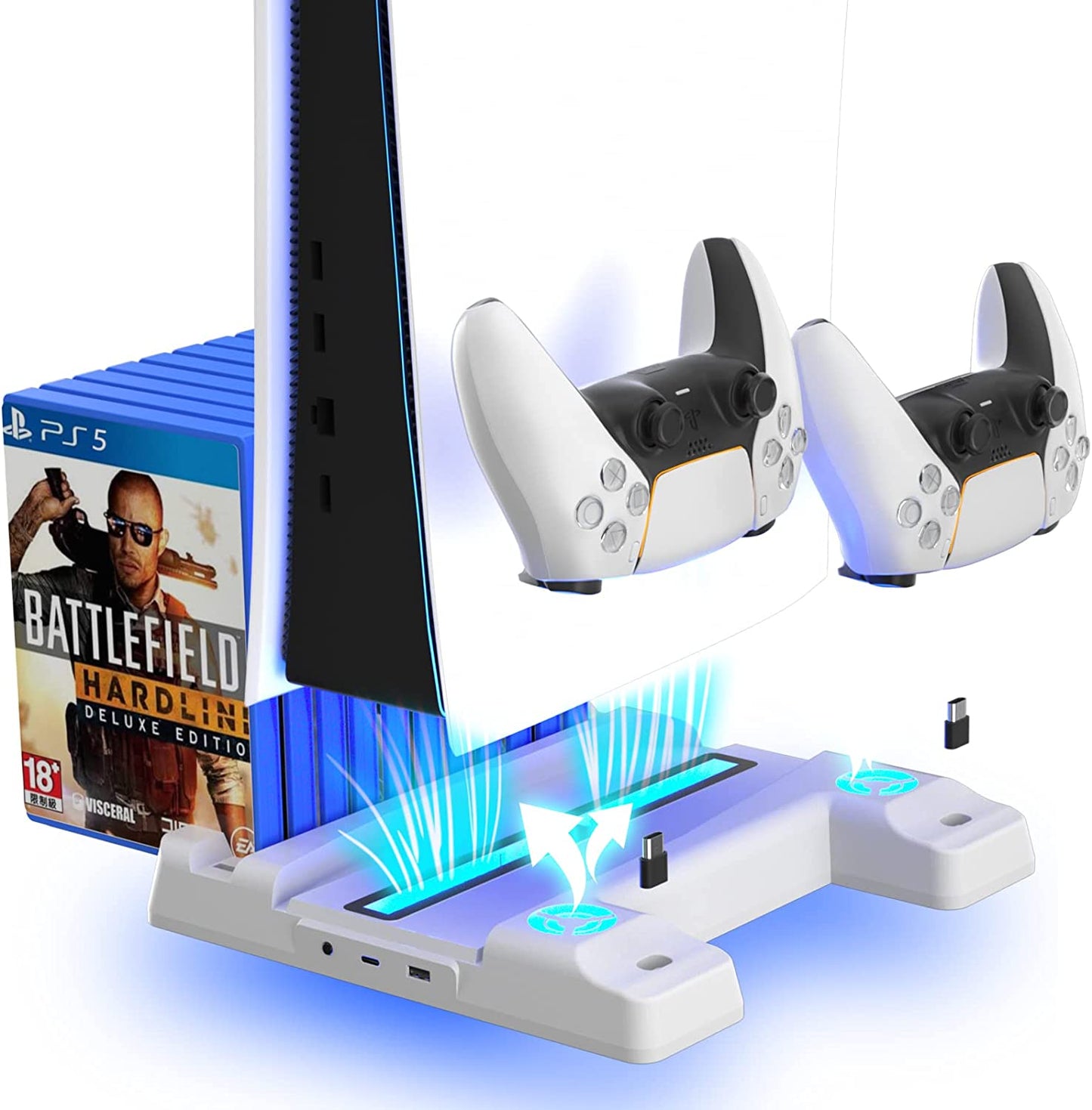 PS5 Charger Station, Fast Charging PS5 Stand with Cooling Fans, 3 Levels Adjustable Fans Speed, 12 PS5 Game Rack Organizer