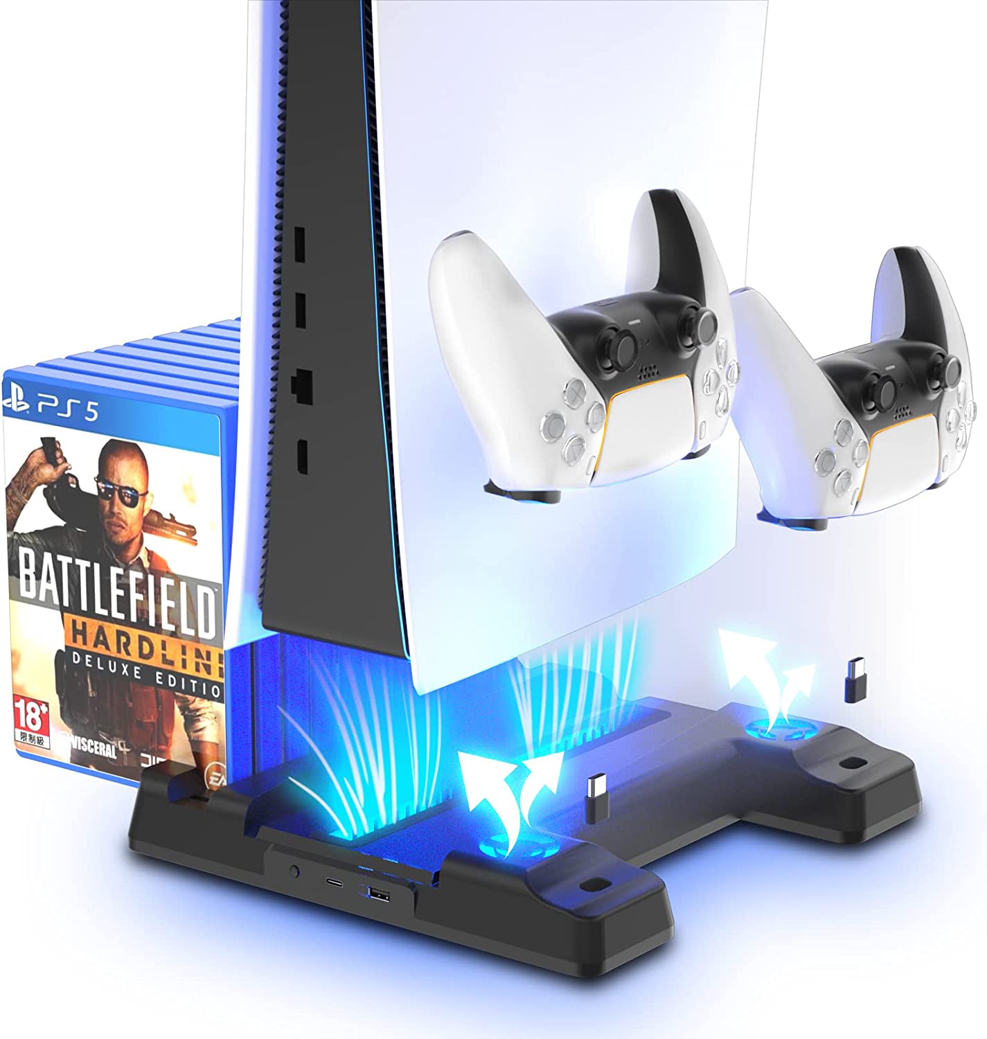 PS5 Charger Station, Fast Charging PS5 Stand with Cooling Fans, 3 Levels Adjustable Fans Speed, 12 PS5 Game Rack Organizer