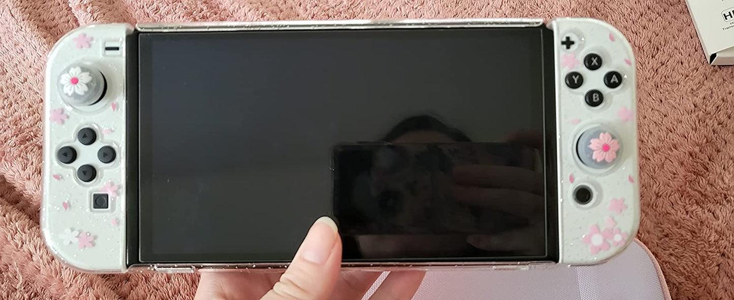 Switch OLED Protective Case, Switch OLED Clear Case with Tempered Glass Screen Protector and Thumb Grips - Cherry Blossom